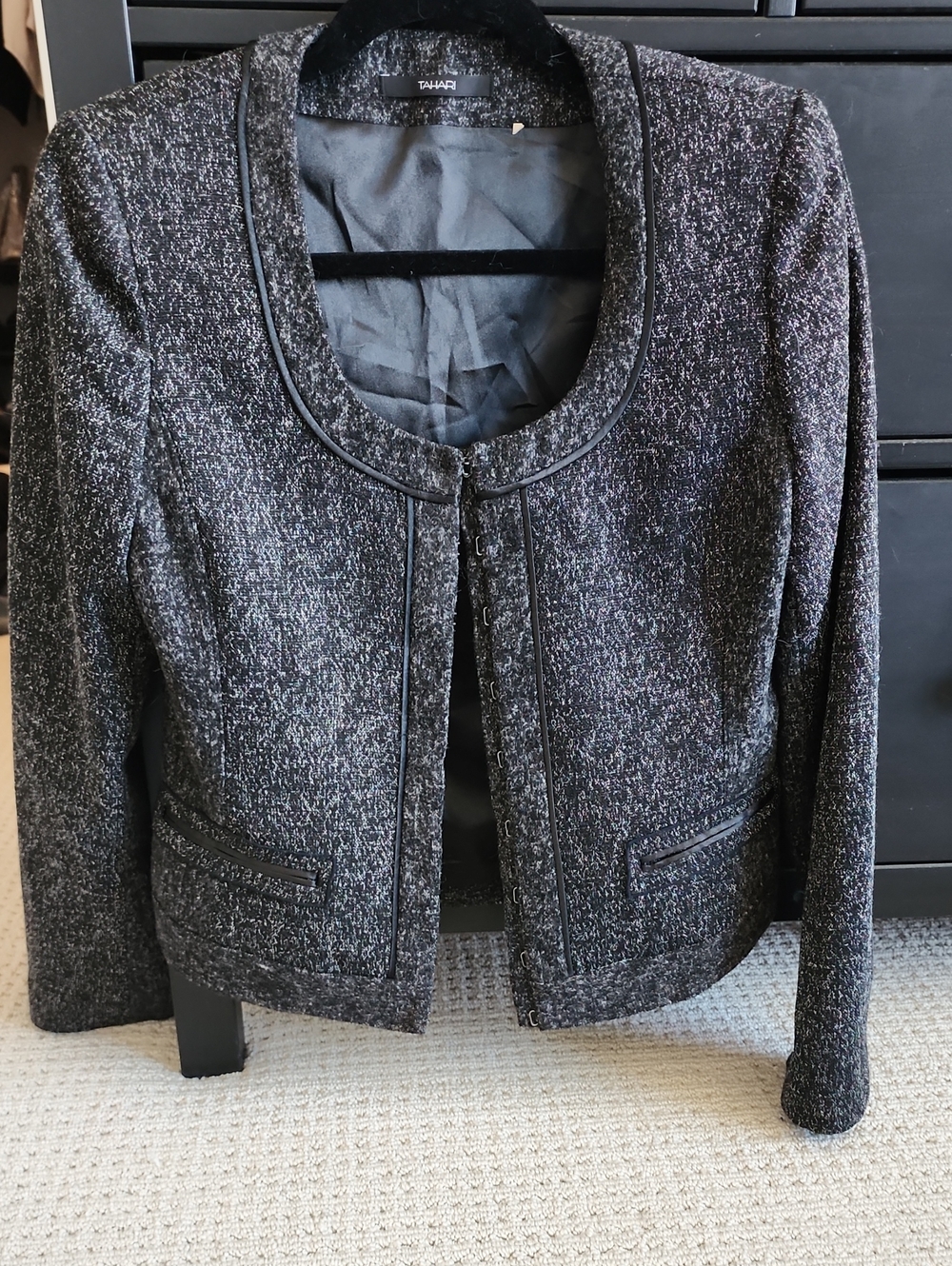 Tahari Black and Gray Tweed Collarless Blazer